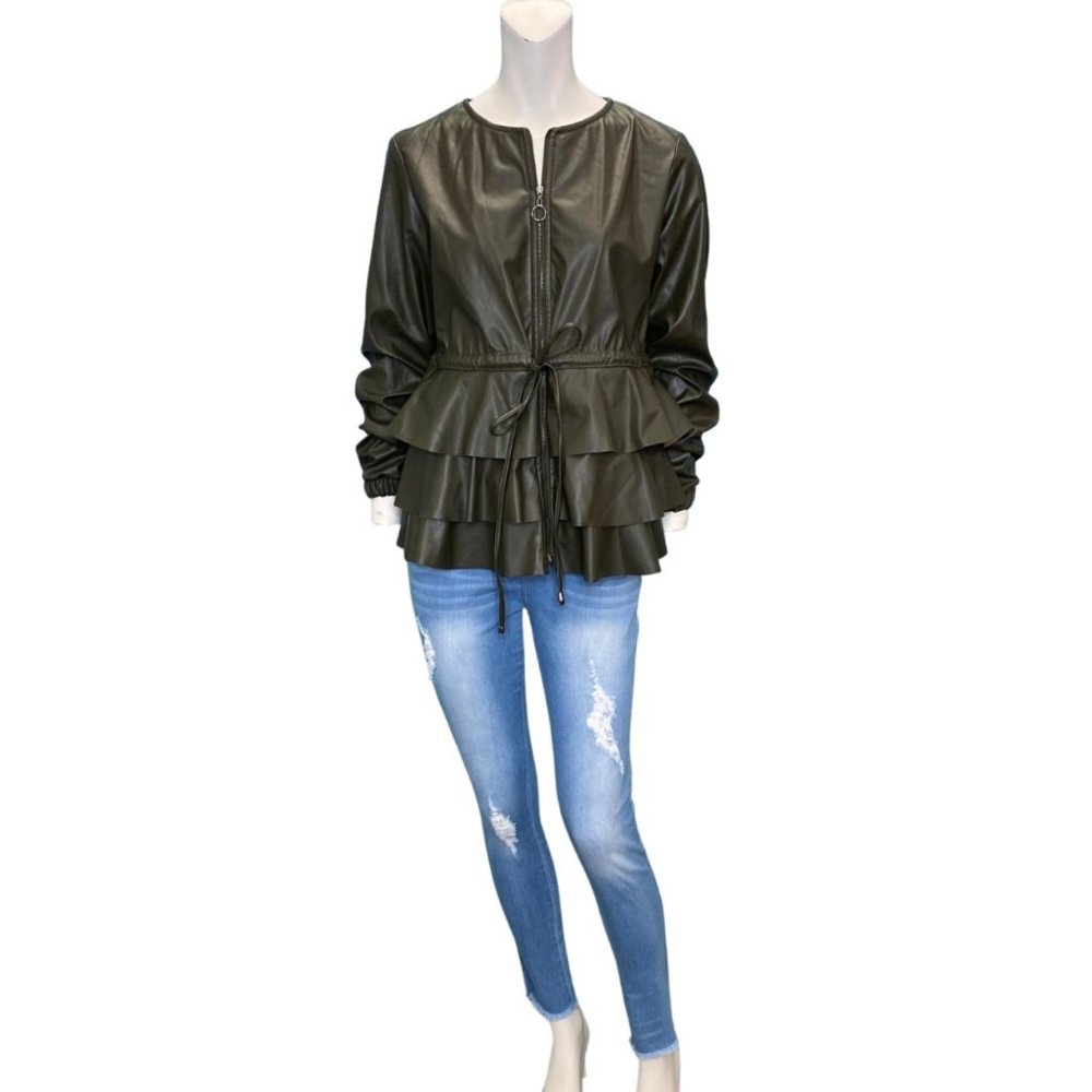 La Pateau Faux Leather Ruffle Tie Jacket Olive Green Size Medium NWT